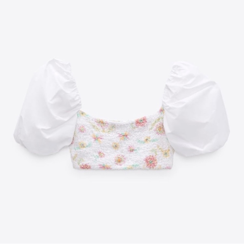 NWT ZARA White Floral Balloon Sleeve Boho crop top size XL - Picture 3 of 7